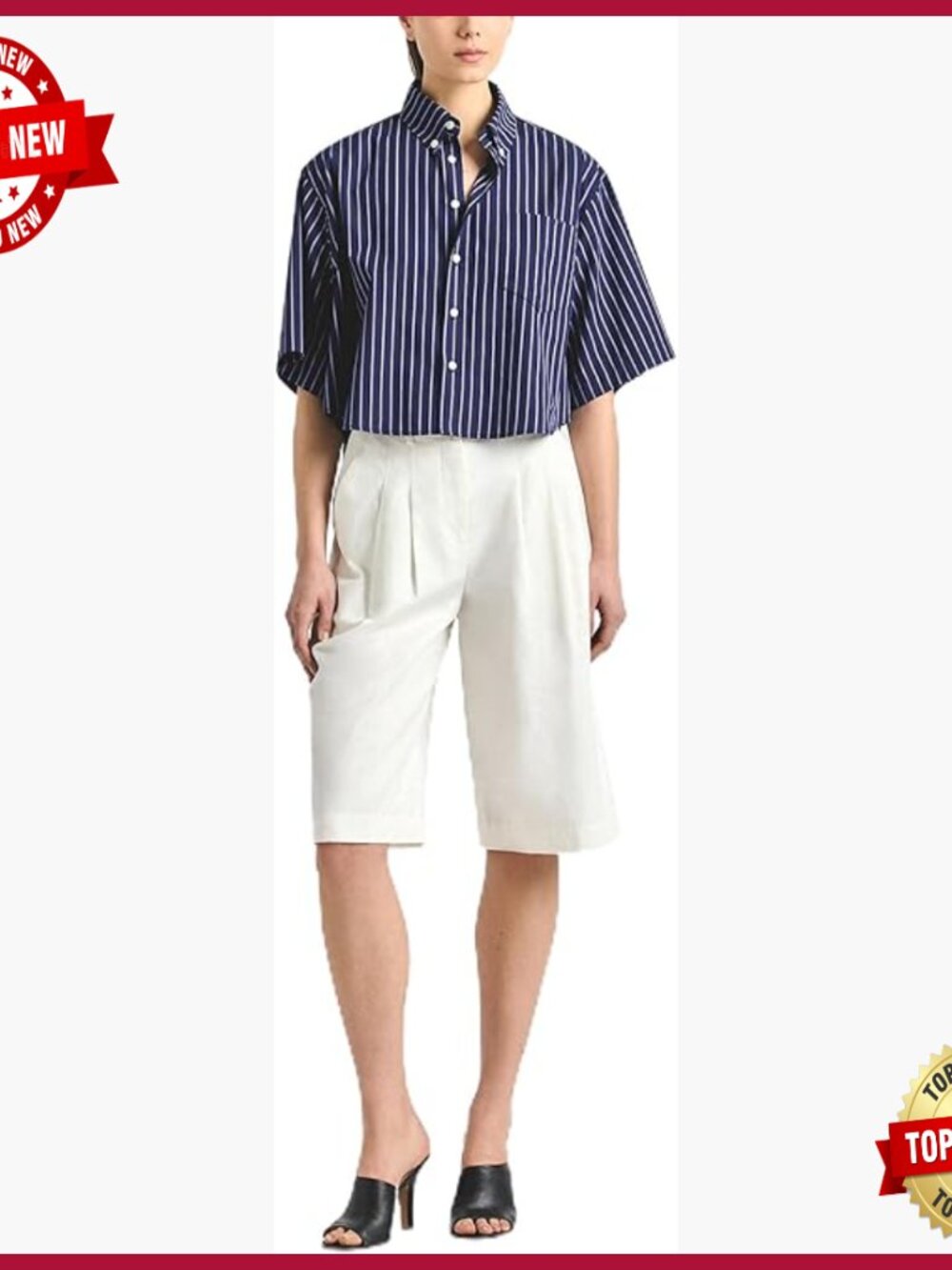 High-Rise Bermuda Shorts with Pleated Front - Cotton Blend